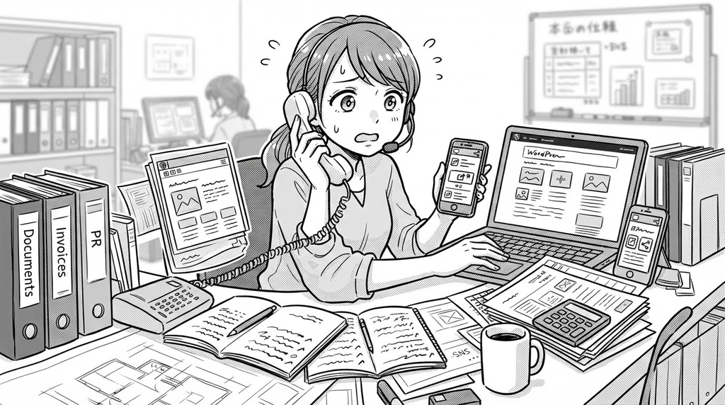 経理や事務と兼務で、書類とパソコンに囲まれ、広報まで手が回らない担当者のイラスト
