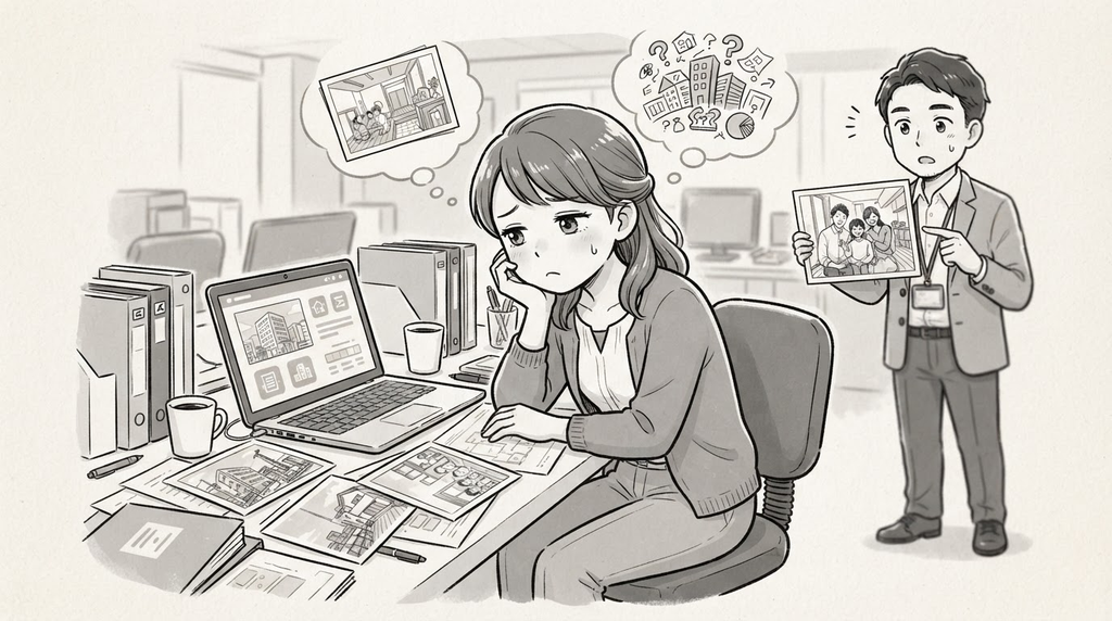 専門知識がなく、施工事例をどう書けばいいか分からずに悩む事務担当者のイラスト