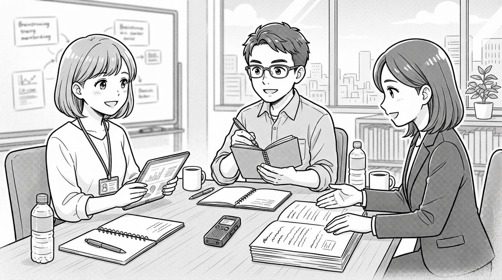 外部のライターが同席して進む、施工事例の取材・ヒアリングのイラスト