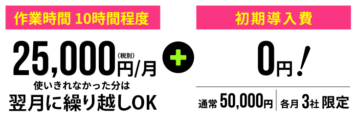 作業時間10時間程度25,000円（税別）/月（翌月に繰り返しOK）+初期導入日0円!（通常50,000円各月3社限定）